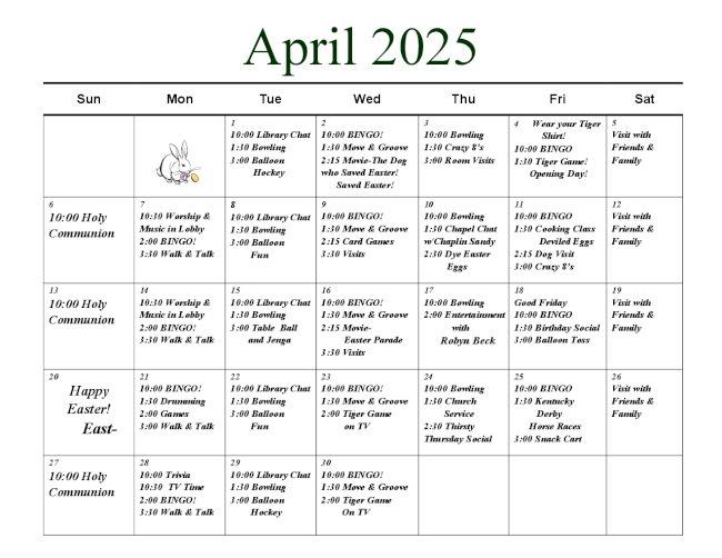 Plymouth Terrace Activities Calendar